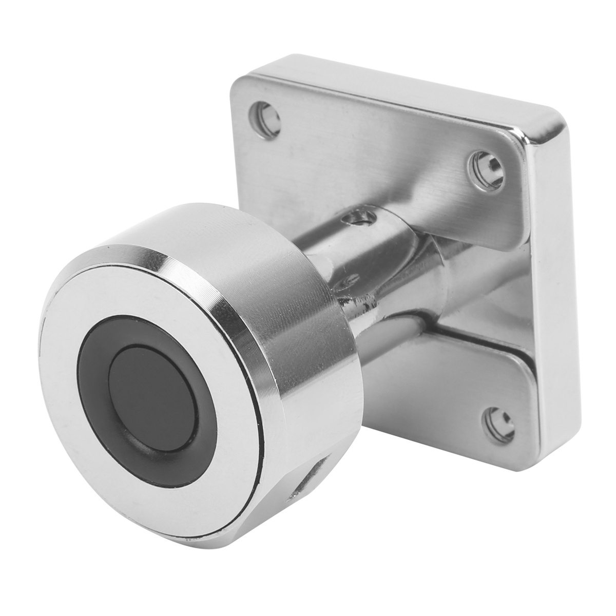 Ein metallischer, zylindrischer Fingerabdruckscanner ist auf einer quadratischen Platte montiert. Der Scanner hat eine schwarze Mitte und einen silbernen Ring.