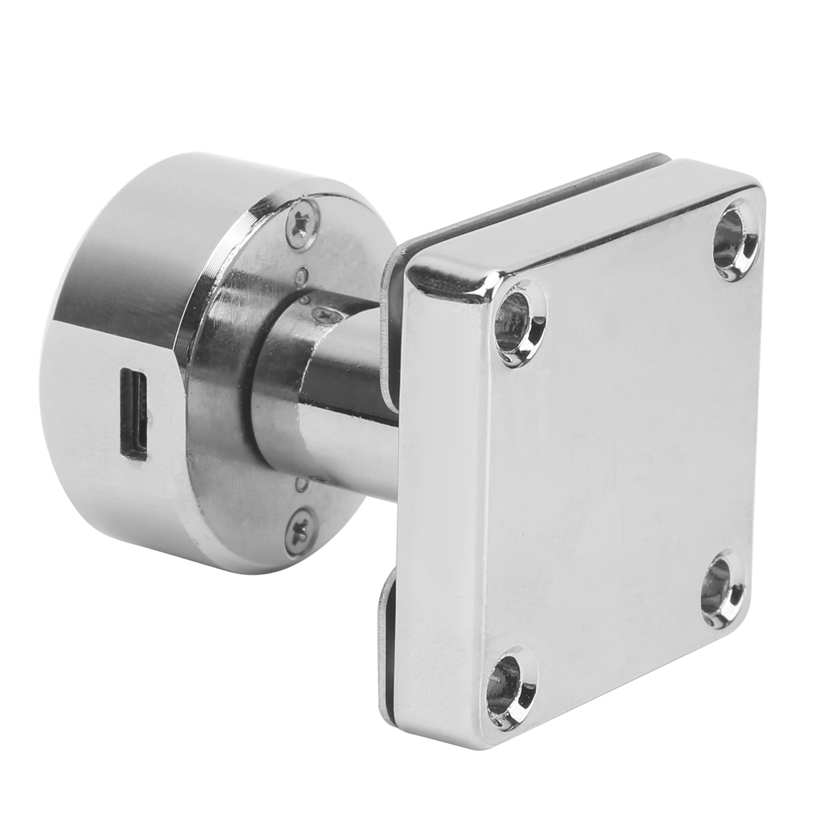 Ein glänzender Metalltürstopper mit quadratischer Platte und kreisförmiger Basis, auf einer Oberfläche befestigt.