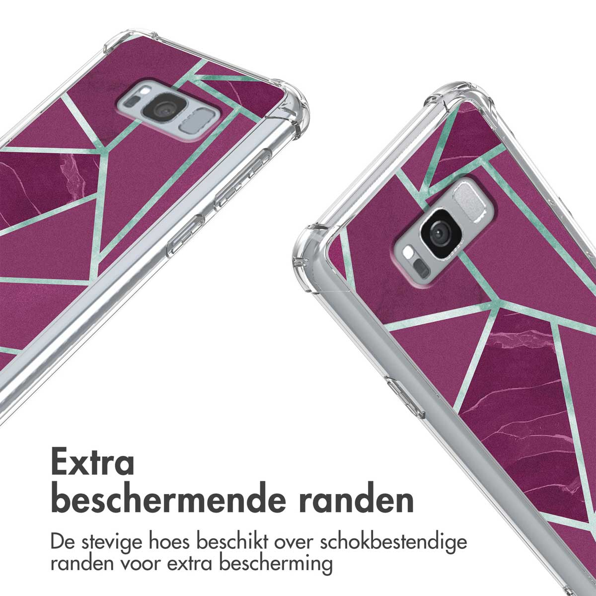Deux coques de téléphone motif marbre violet et lignes géométriques.