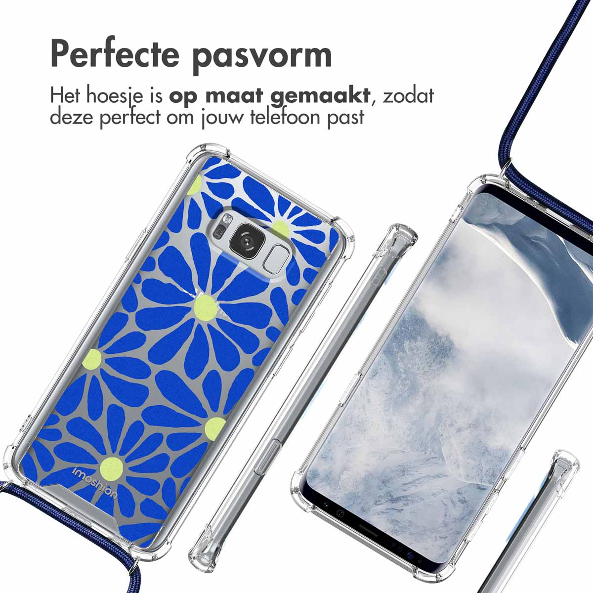 Coque de téléphone transparente à motif floral bleu et cordon.