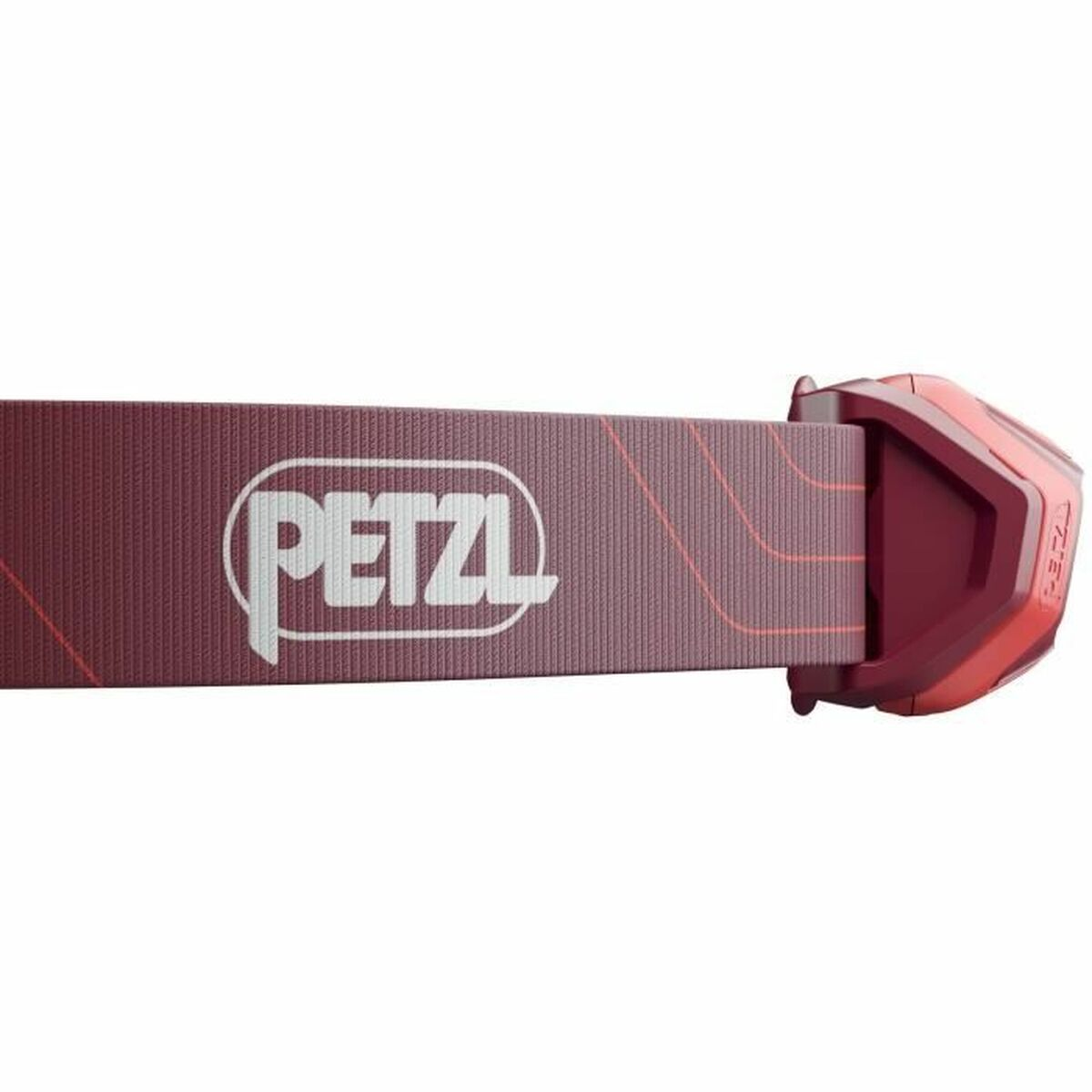 Zbliżenie czerwonego paska do czołówki z logo Petzl.