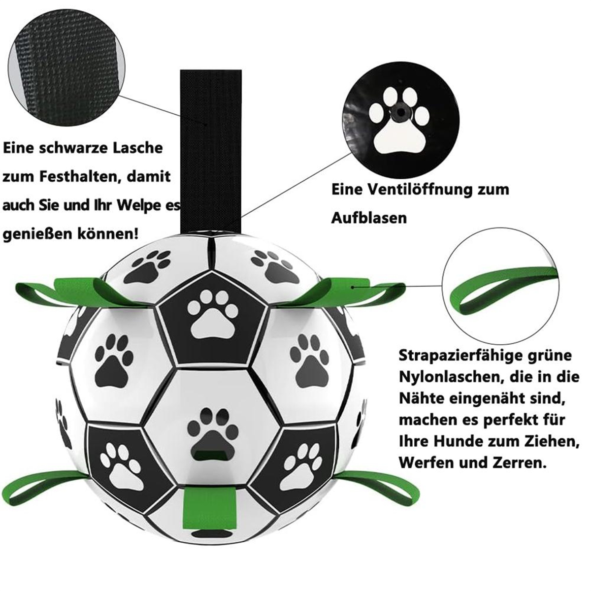 Ein Hundespielzeug im Fußball-Design mit Pfotenabdrücken, grünen Riemen und einem schwarzen Griff.
