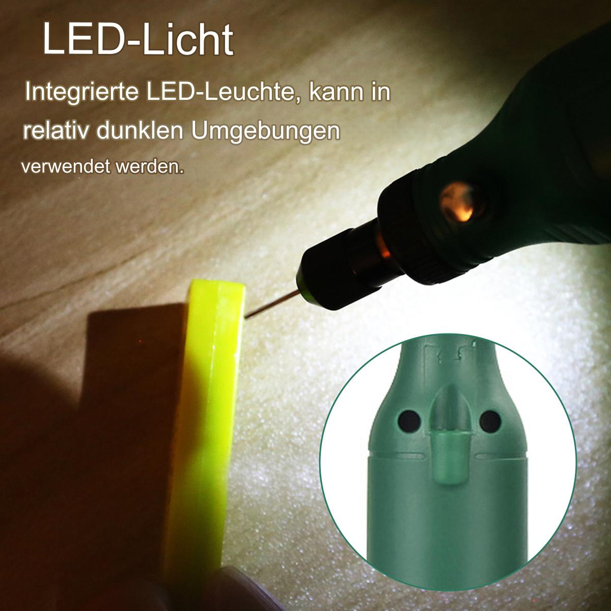 Nahaufnahme eines Werkzeugs mit gelber Spitze, beleuchtet von LED-Licht; grüner Körper.