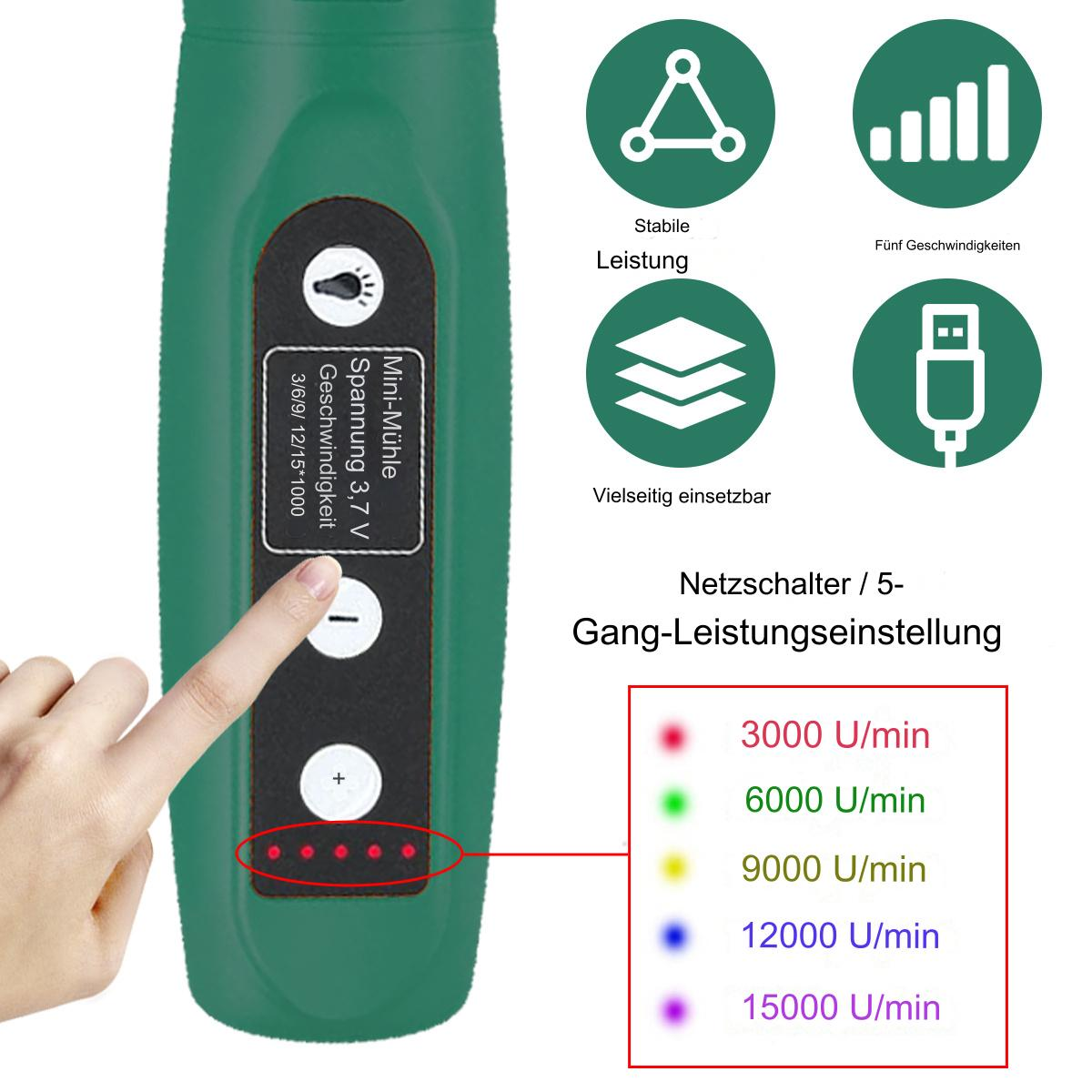 Grünes Werkzeug mit Touch-Bedienelementen. Geschwindigkeitsanzeigen mit Einstellungen.