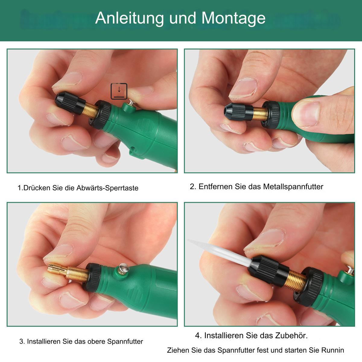 Schritt-für-Schritt-Montageanleitung mit einem grünen Elektrowerkzeug.