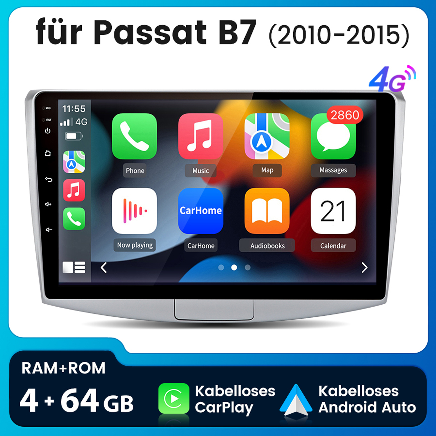 Auto-Multimedia-System für Passat B7. Display mit Apps, 4G und Carplay-Logos. Text: 4 + 64 GB.