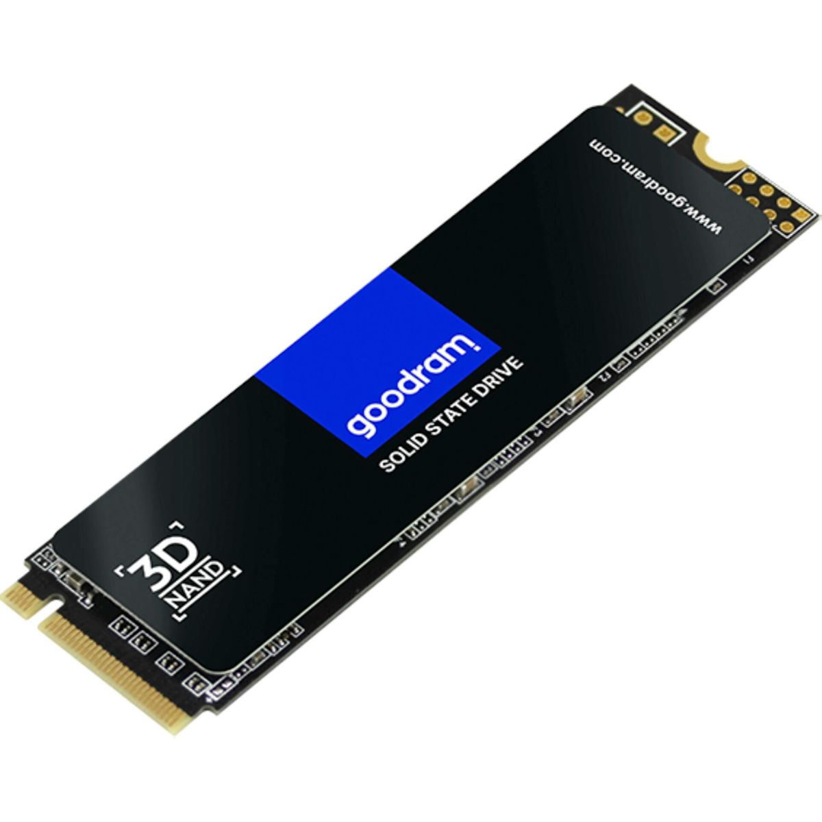 Black and blue SSD drive. Text on drive: solid state drive.