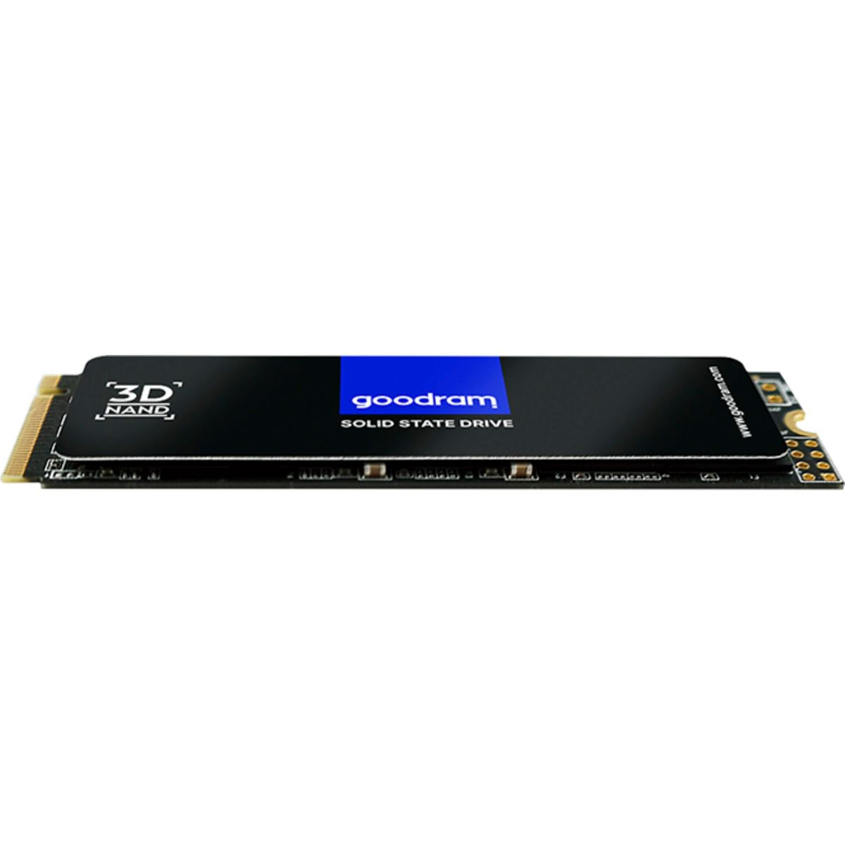 Black and blue SSD drive. Text on drive: solid state drive.