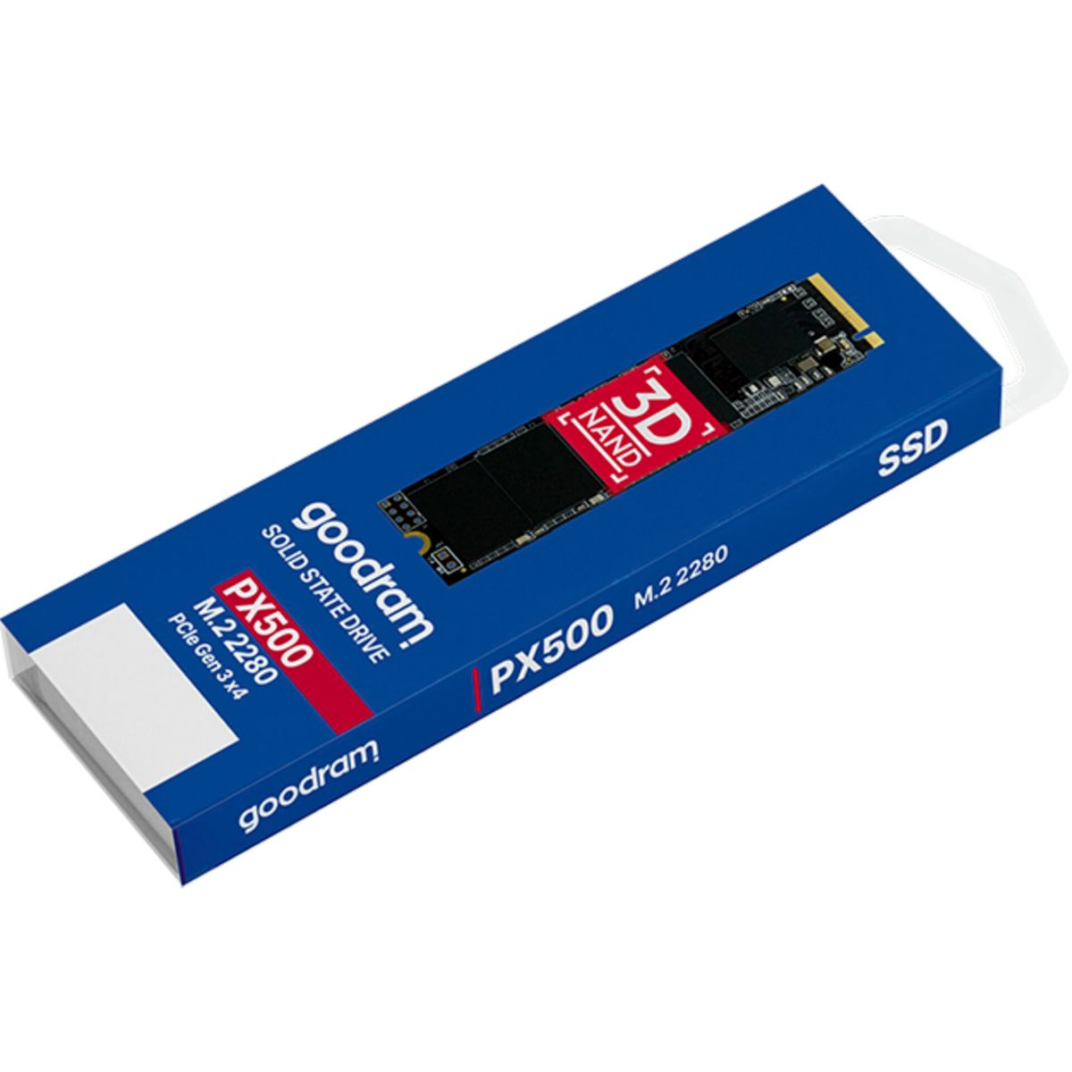 Blue and black box with SSD drive inside. Text on box: goodram.