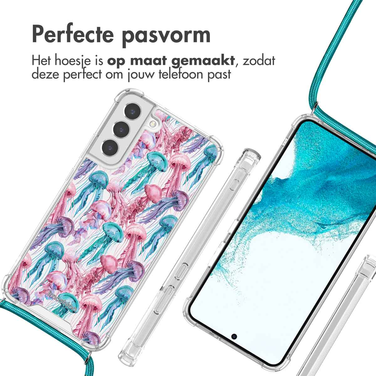 Coque transparente à motif méduse et cordon turquoise.