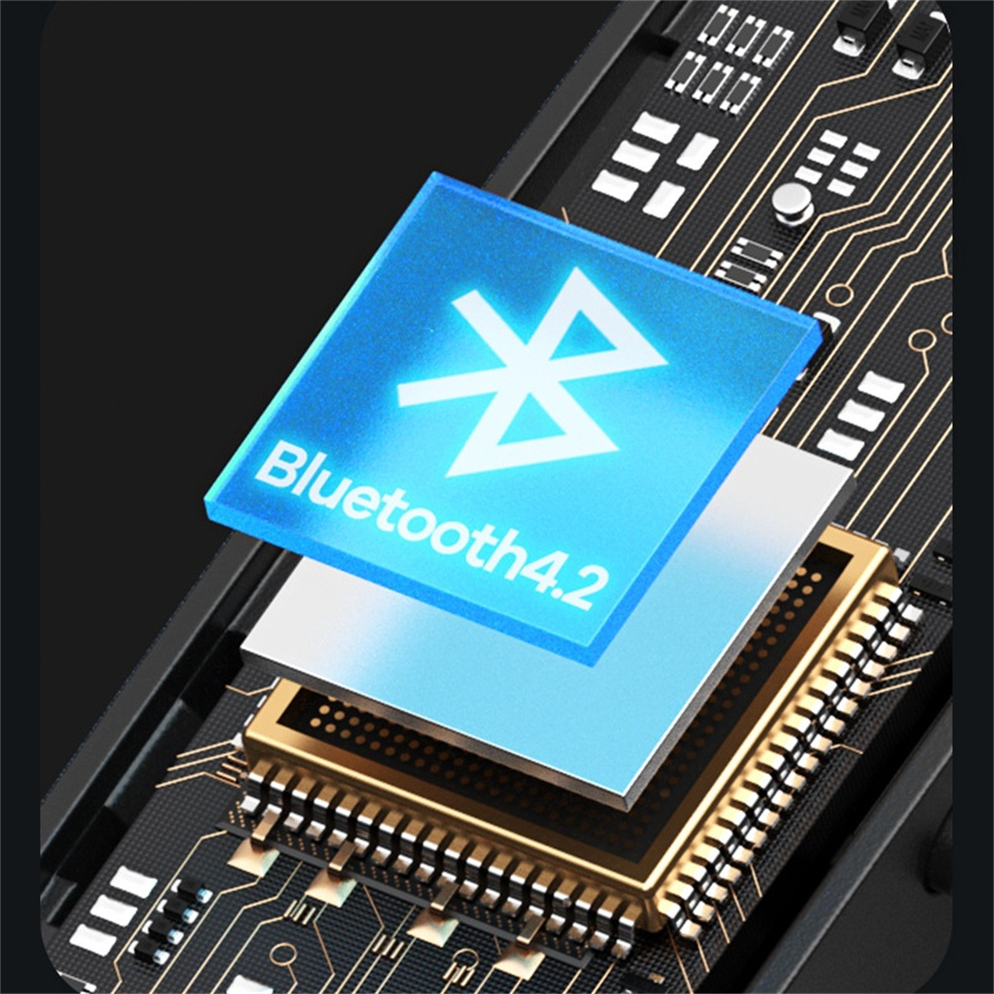 Nahaufnahme einer Leiterplatte mit Bluetooth 4.2 Logo auf einem blauen Quadrat.