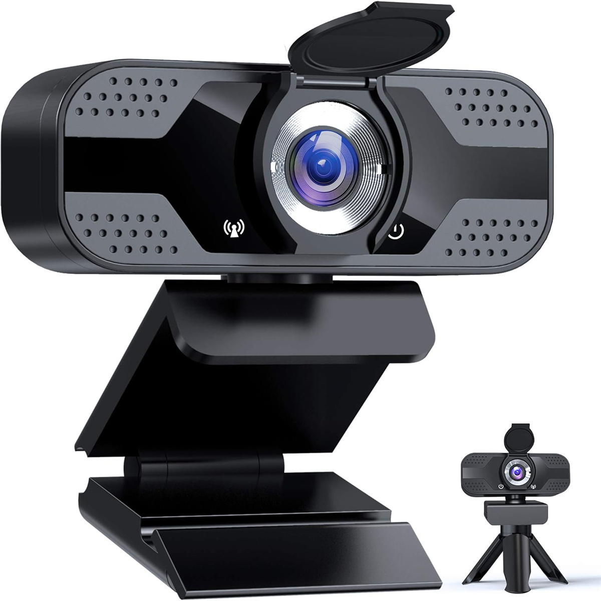 Schwarze Webcam mit Ständer und kleinerem Ständer. Objektivabdeckung offen. Weißer Hintergrund.