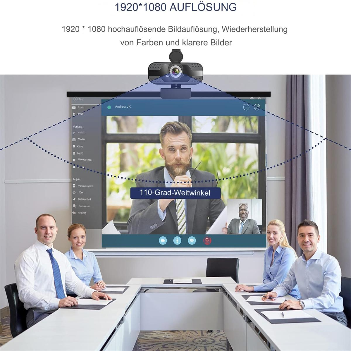 Videokonferenz-Setup mit Webcam, Bildschirm mit Meeting und Personen am Tisch.