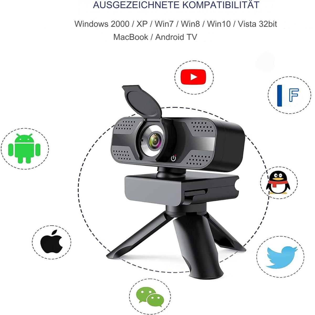Schwarze Webcam mit kleinem Stativ und verschiedenen Social-Media- und Betriebssystemlogos drumherum.