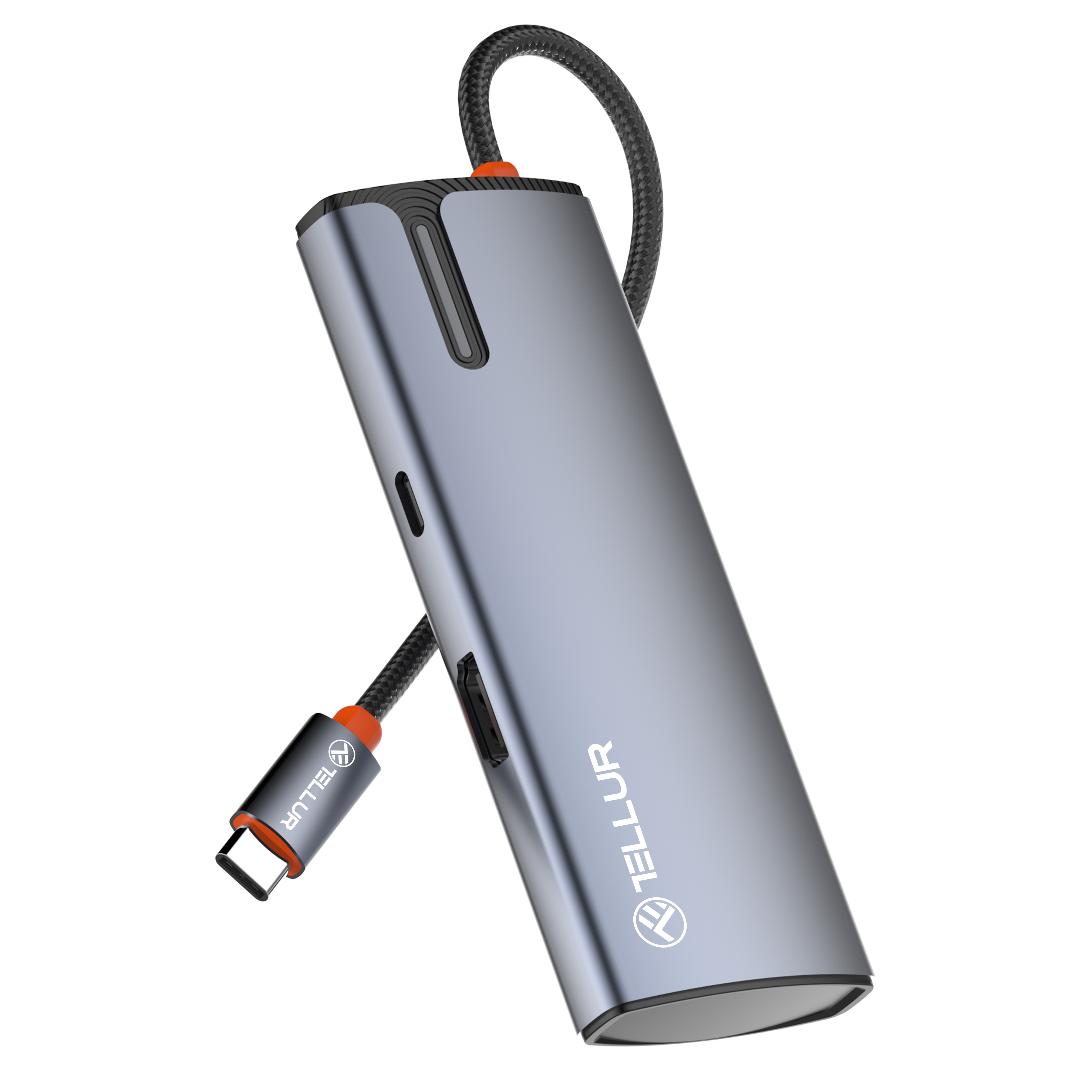 Srebrny hub USB-C z czarnym kablem, zbliżenie.