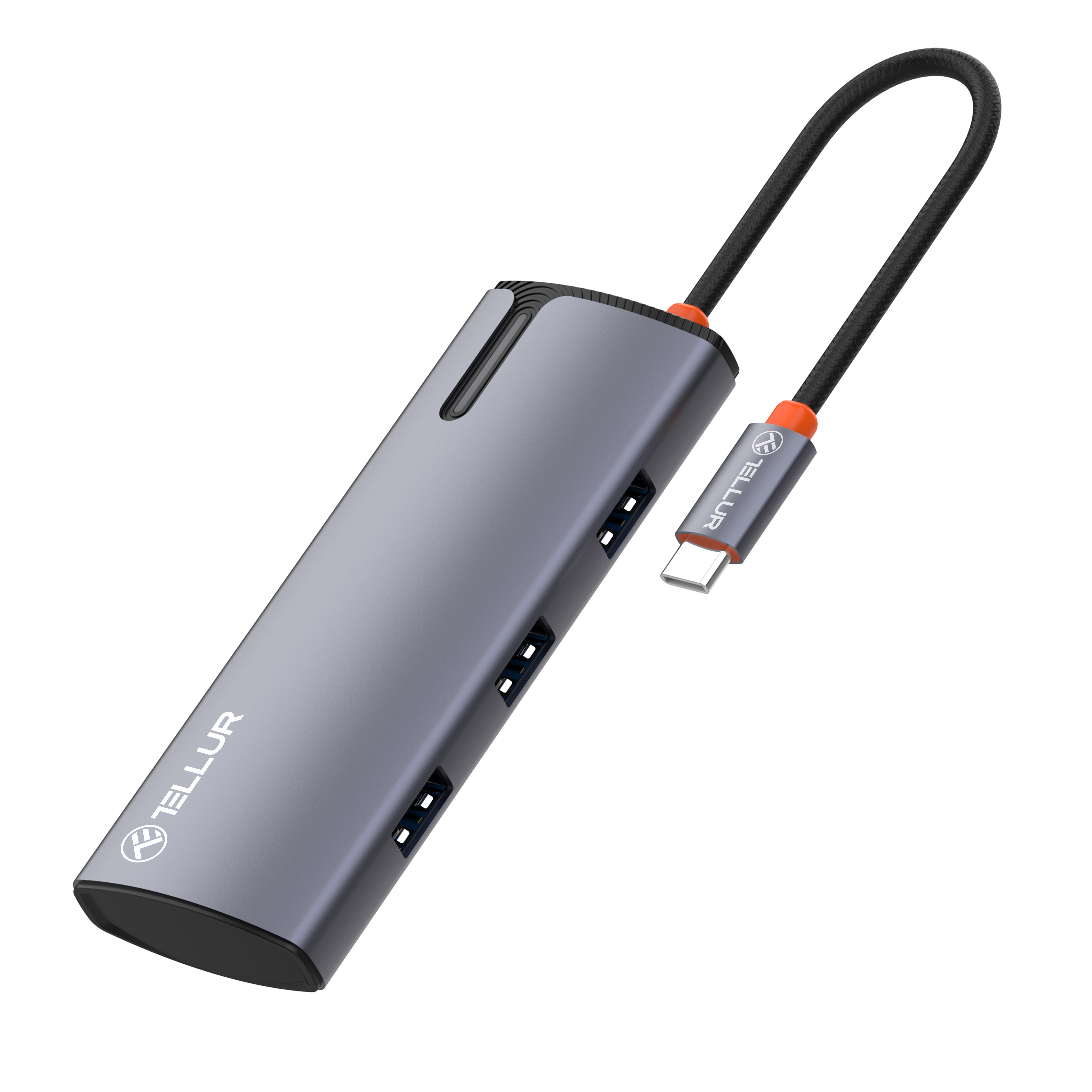 Szary hub USB z wieloma portami i kablem USB-C. Białe tło.