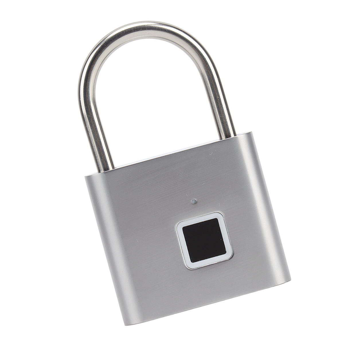 Ein silbernes Fingerabdruck-Vorhängeschloss mit quadratischem Fingerabdrucksensor und gebogenem Griff.