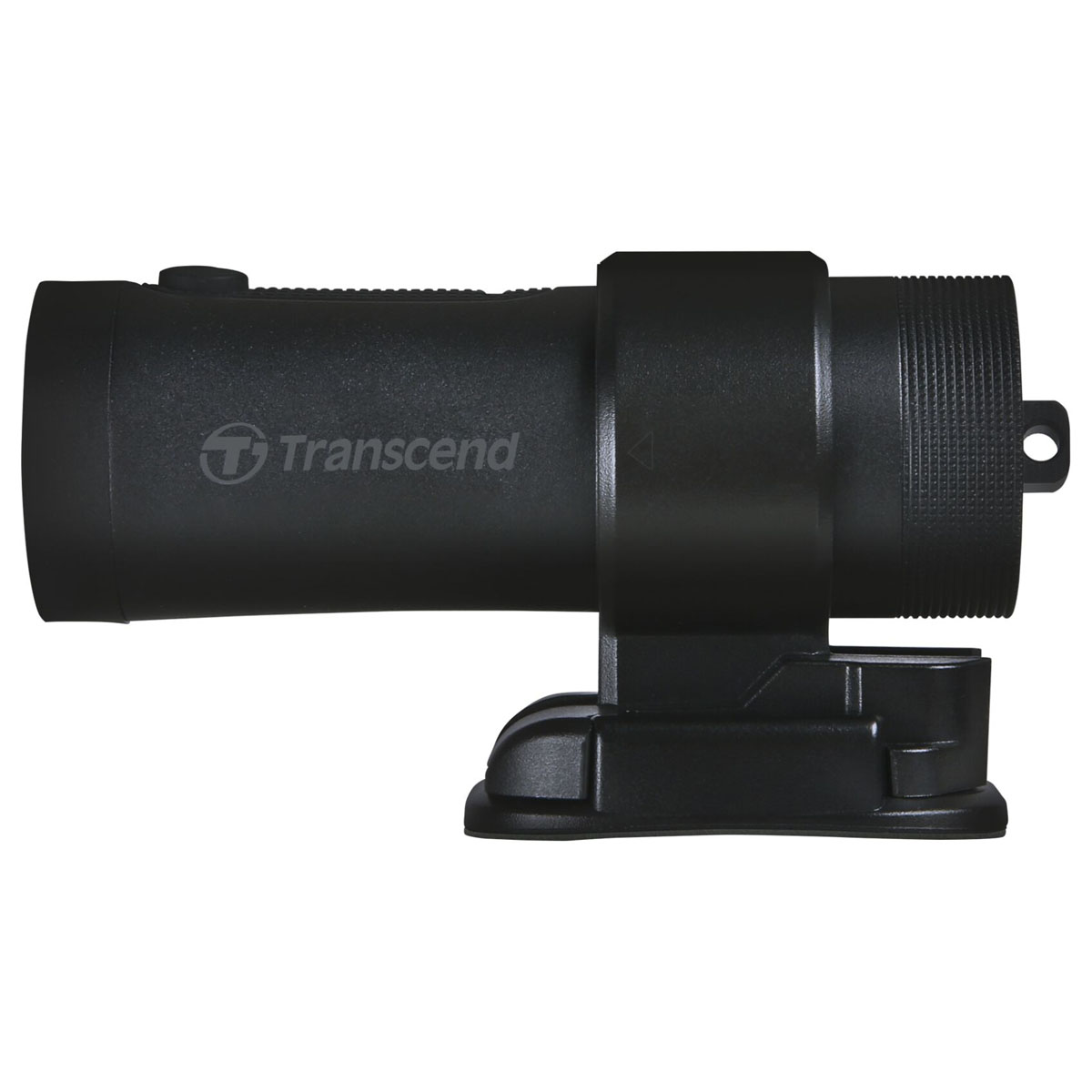 Eine schwarze Taschenlampe mit dem Markennamen 'Transcend', zylindrischem Körper und abgewinkelter Basis zur Montage.