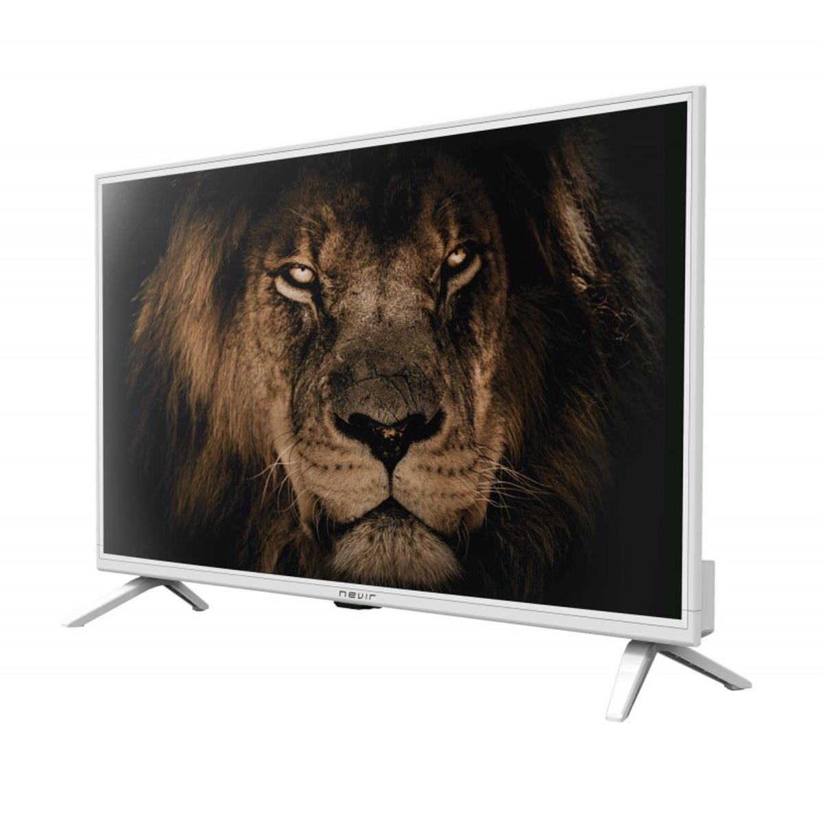 Ekran telewizora wyświetlający zbliżenie twarzy lwa z białą ramą i stojakiem.