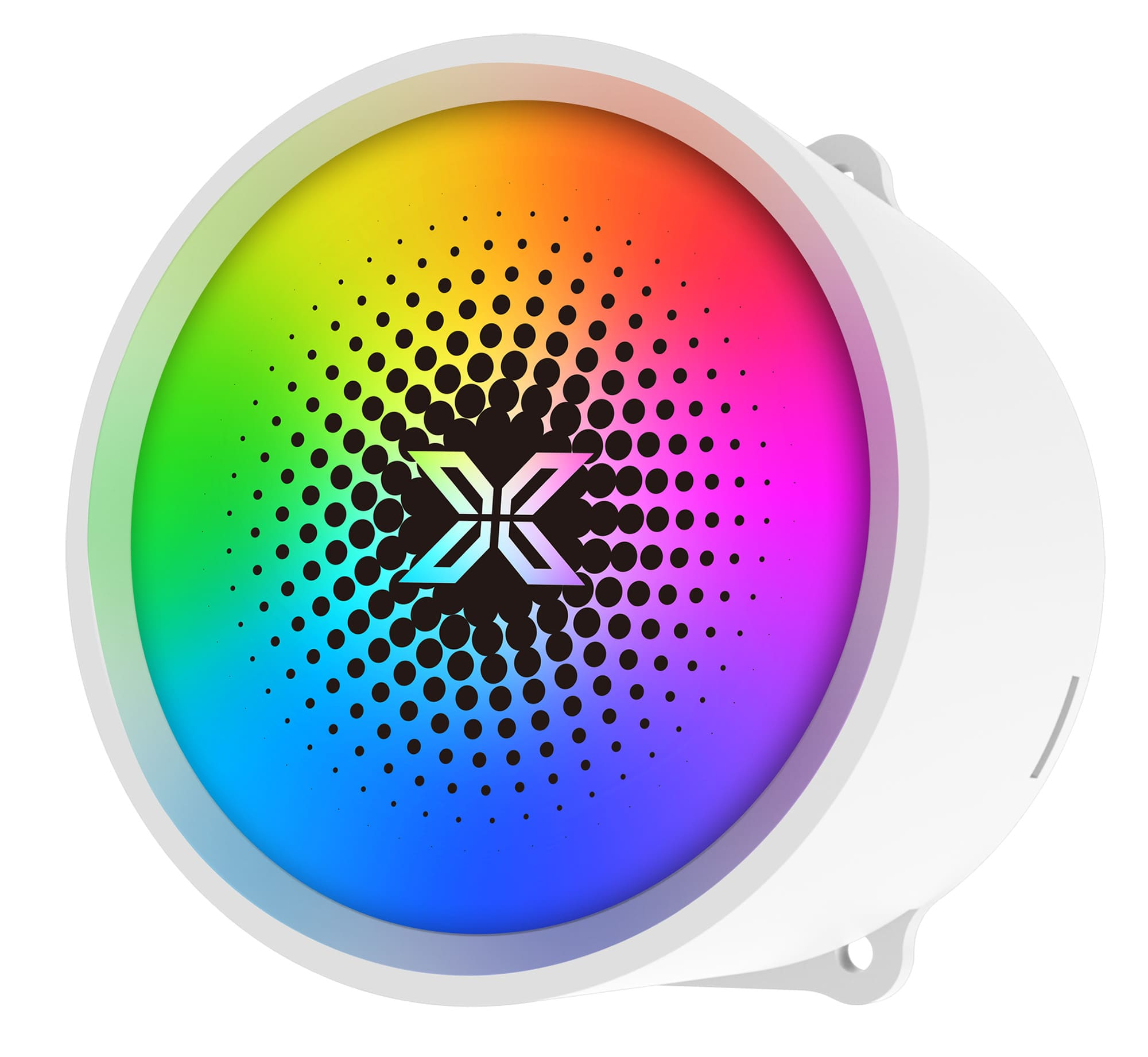 Weißer Lüfter mit RGB-Beleuchtung in Kreisform, mit Logo in der Mitte.