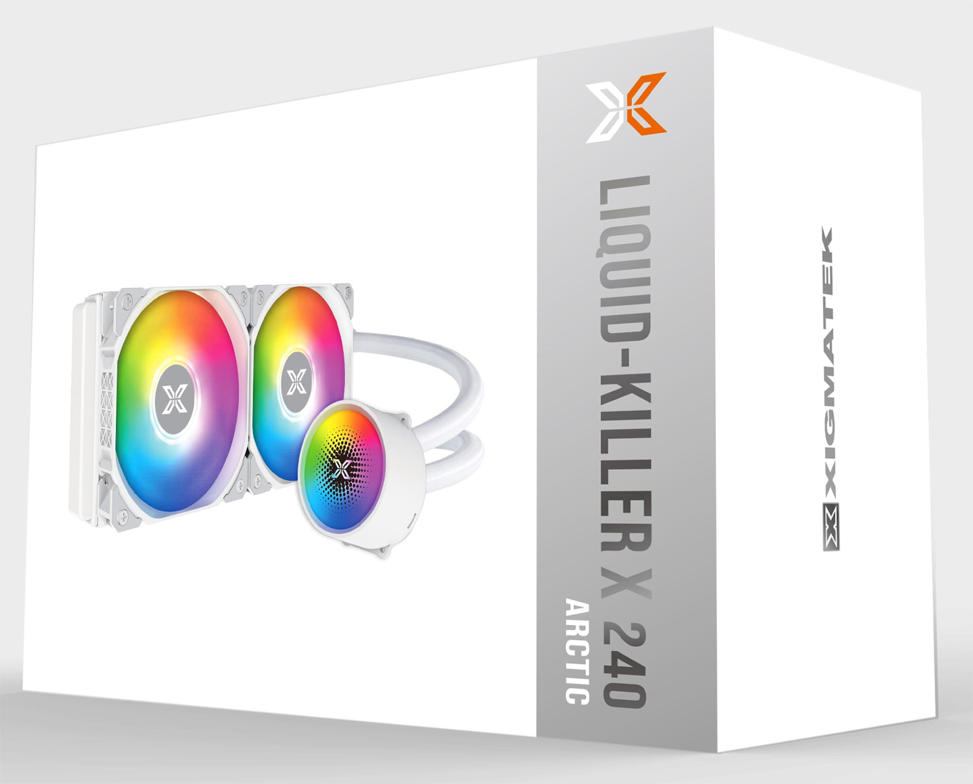 Weiße Box mit Liquid-Killer X240 Arctic-Kühler. Der Kühler hat Lüfter mit farbiger Beleuchtung.