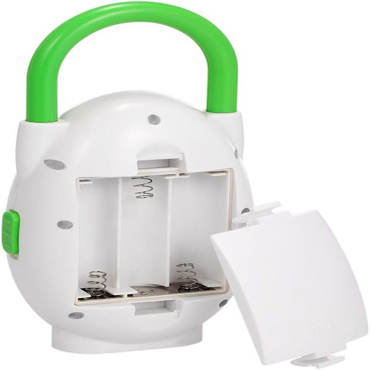 Weiße und grüne Lampe mit offenem Batteriefach.