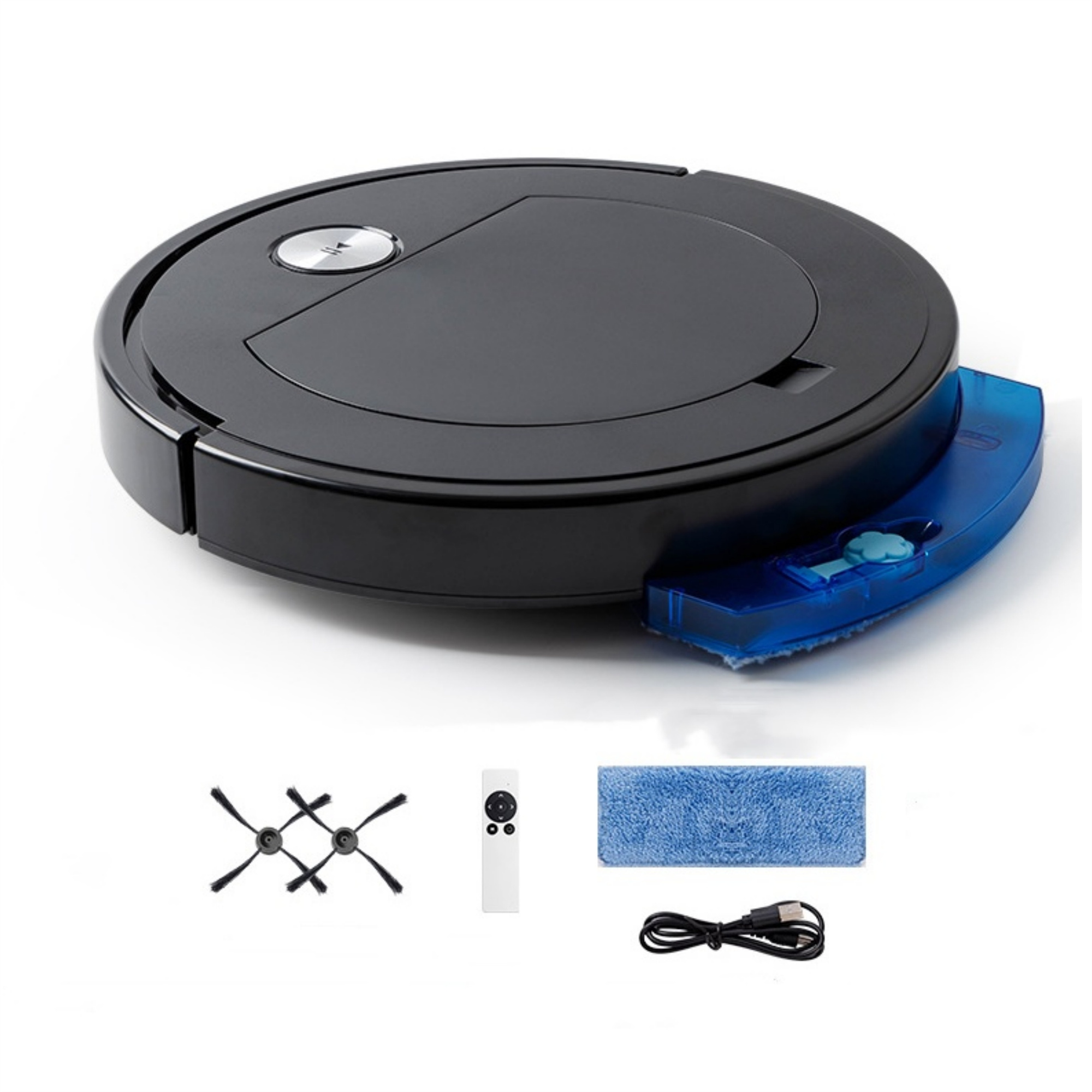 Schwarzer Roboter-Staubsauger mit blauem Reinigungspad und Zubehör: Bürsten, Fernbedienung, Ladegerät.