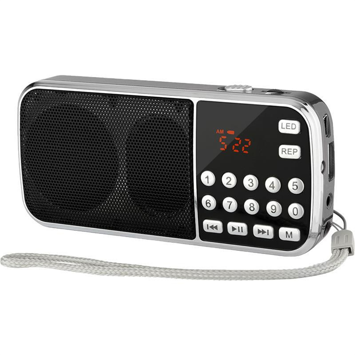 Silbernes und schwarzes Mini-Radio mit digitaler Anzeige und Knöpfen. Es hat auch ein Lanyard.