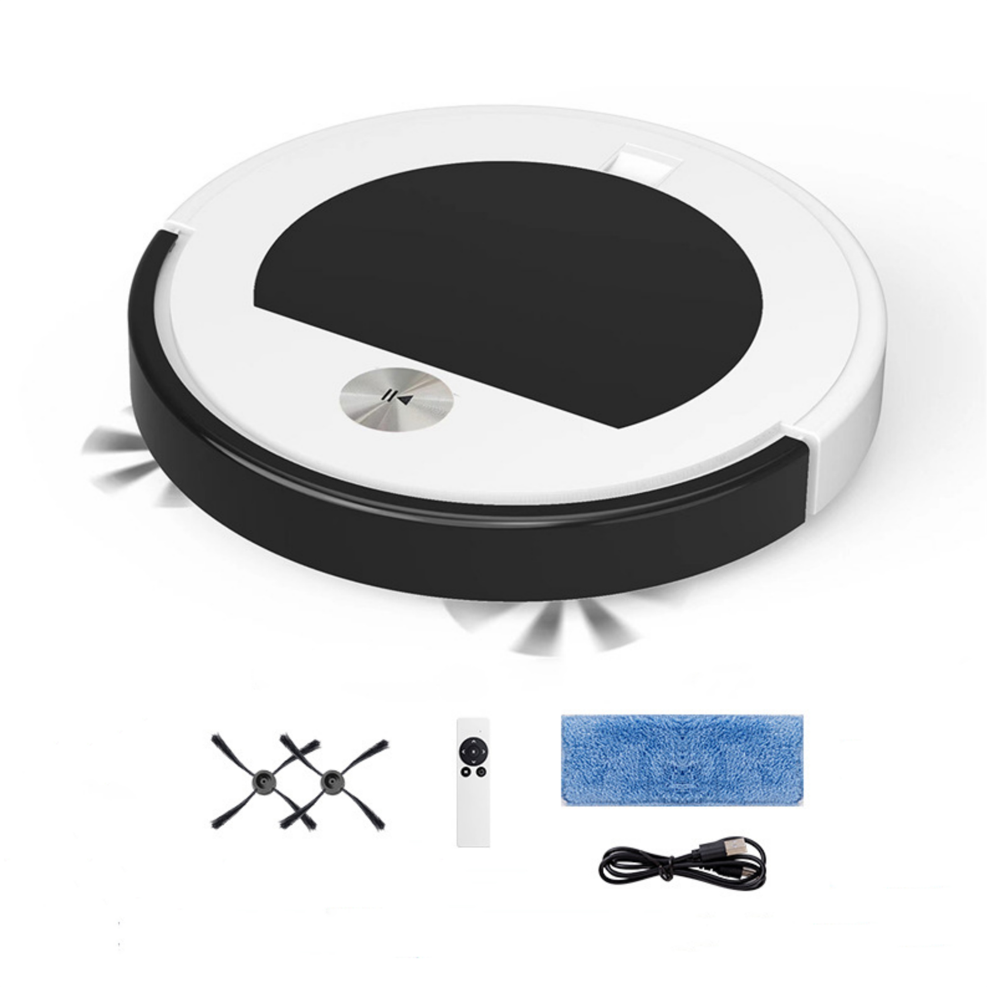 Weiß-schwarzer Roboter-Staubsauger mit Zubehör: Bürsten, Fernbedienung, Wischmopp, Kabel.