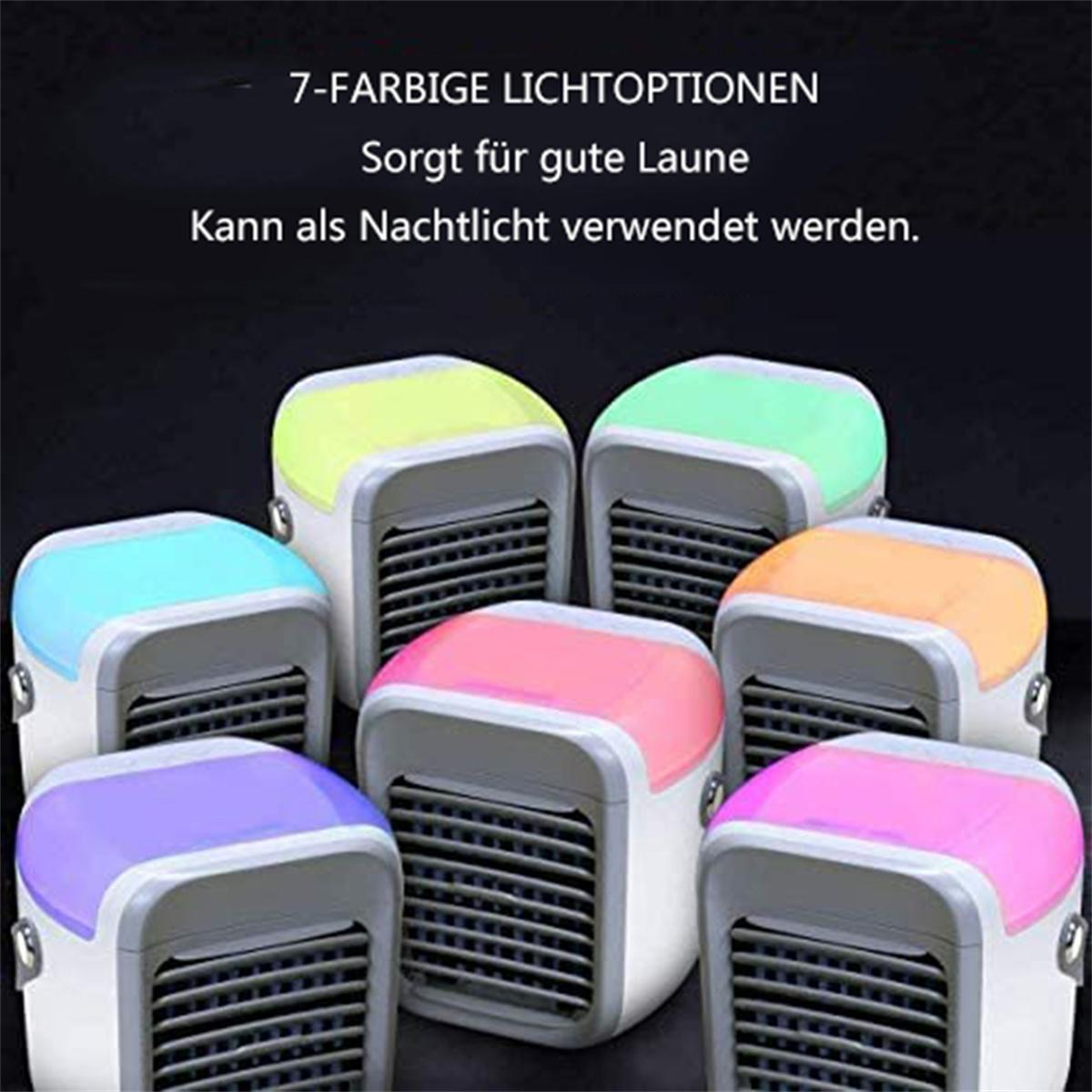 Sieben kleine Luftkühler mit verschiedenfarbigen Lichtern. Text: 7-Farben-Optionen.
