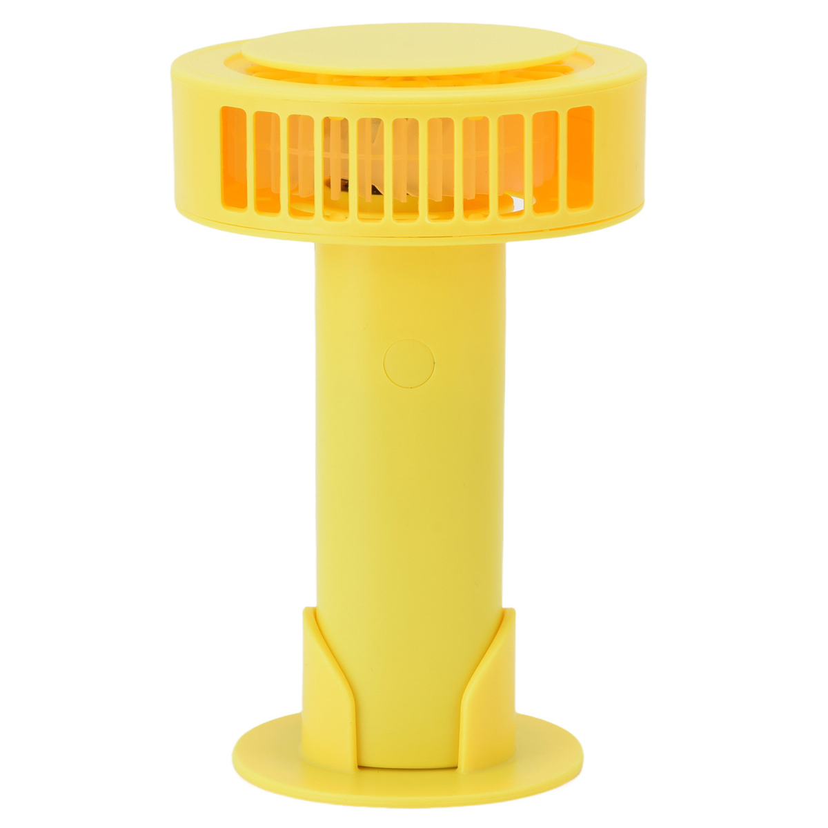 Gelber tragbarer Ventilator auf weißem Hintergrund.