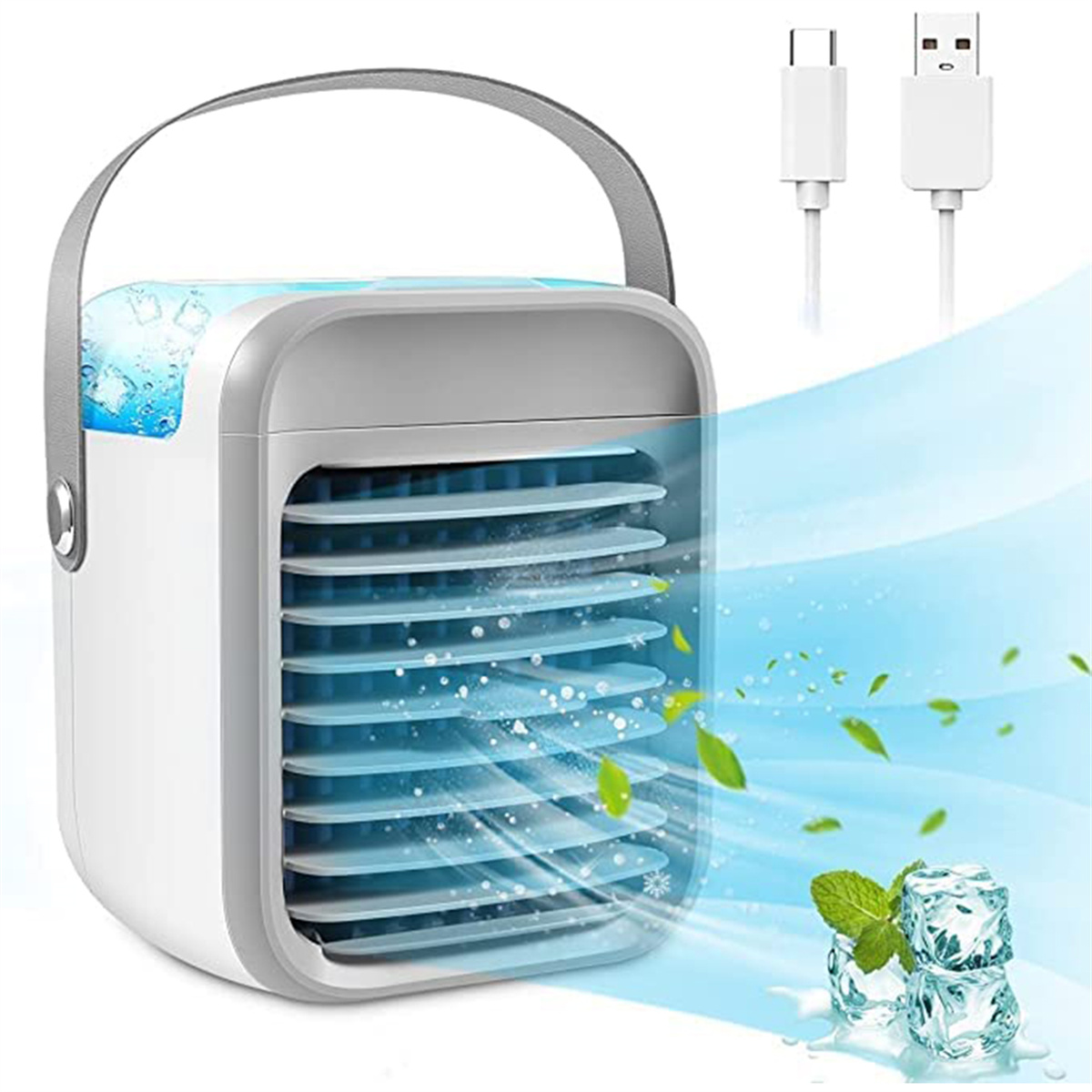 Weiß-grauer tragbarer Luftkühler mit Griff. Wasser und Eiswürfel oben. USB-Kabel sichtbar.