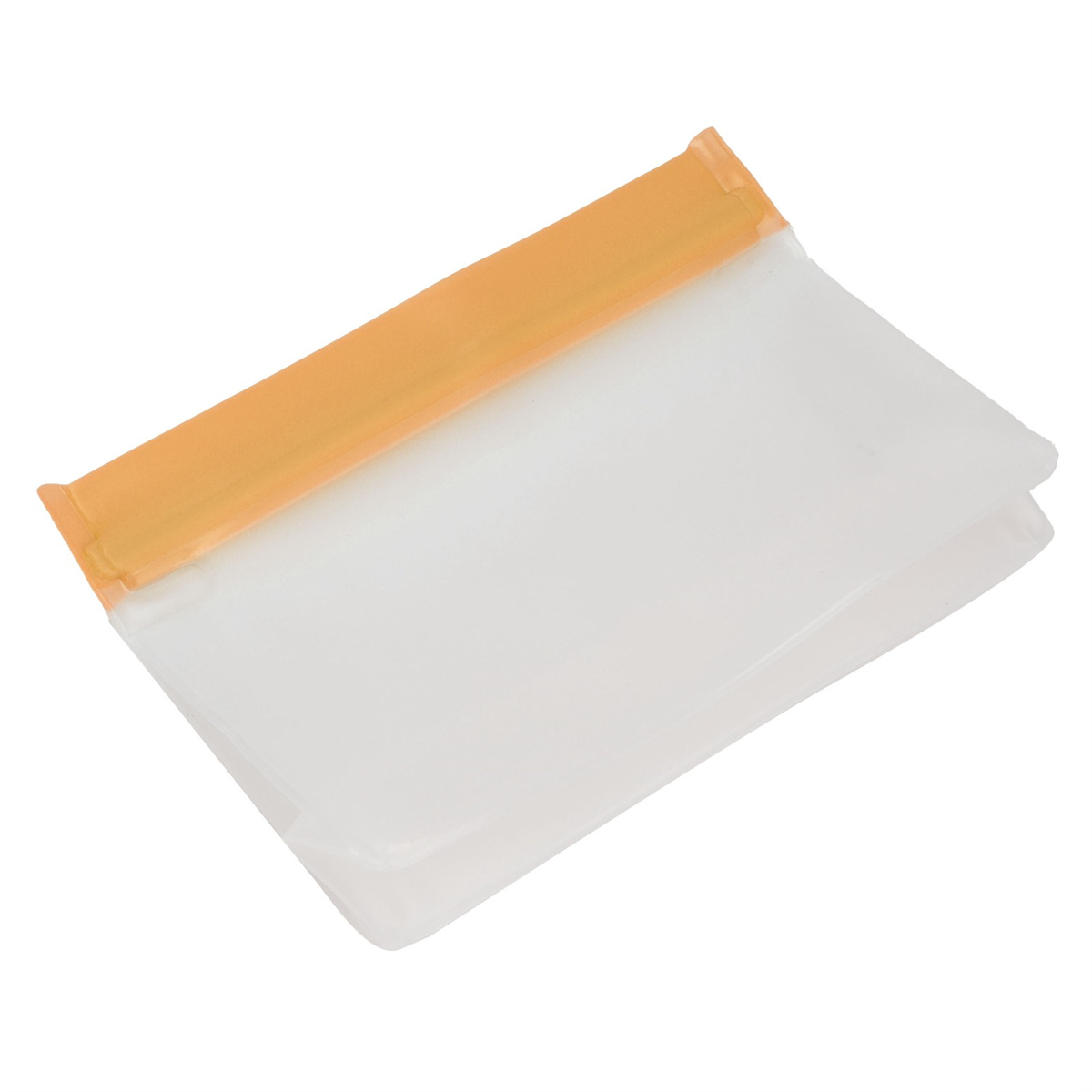 Orangefarbener, gefalteter, weißer Plastikbeutel. Der Beutel ist gefaltet und versiegelt.