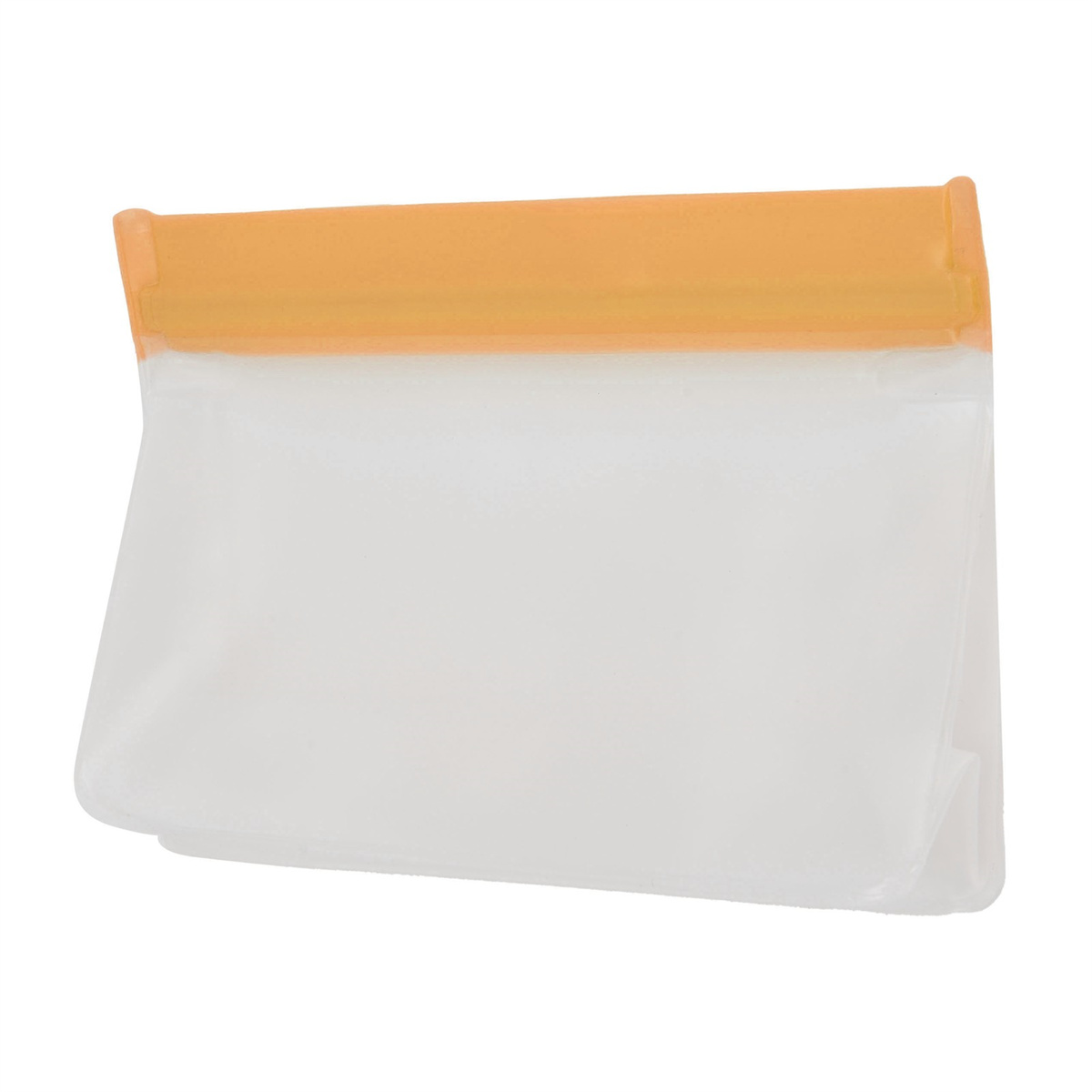 Transparente Tasche mit orangefarbenem Oberteil.