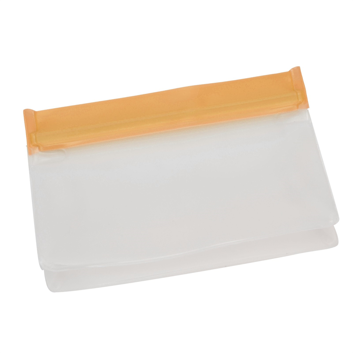 Eine transparente wasserdichte Tasche mit orangefarbenem Verschluss, ideal zum Schutz von Gegenständen.