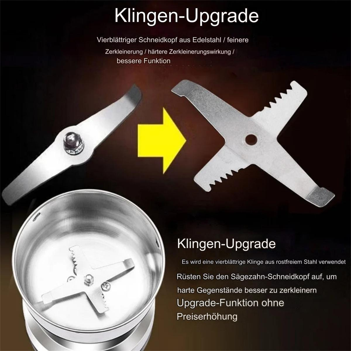 Klingen-Upgrade für eine Schleifmaschine. Text auf Deutsch. Metallklingen und Pfeil.