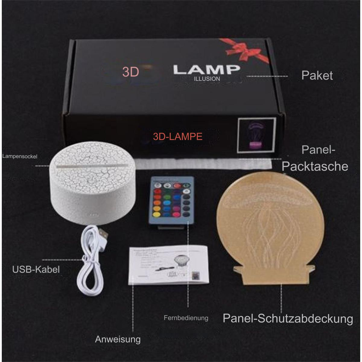 Ein 3D-Illusion-Lampen-Kit mit verschiedenen Komponenten, darunter eine Basis, Fernbedienung und Anleitung.