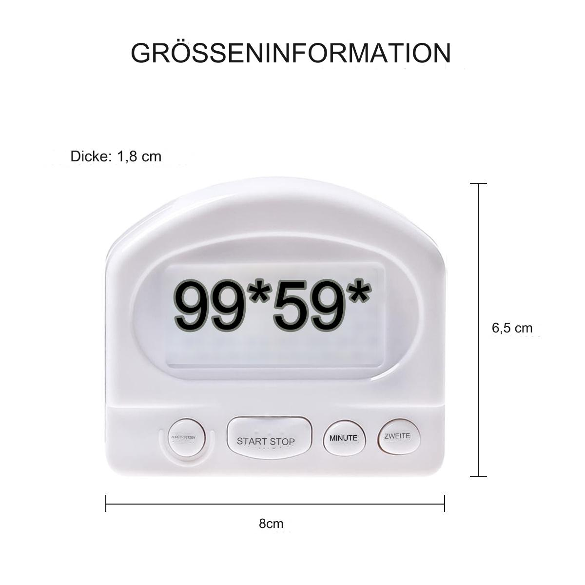 Weißer Küchentimer mit Display, das 99*59 und Tasten zeigt.