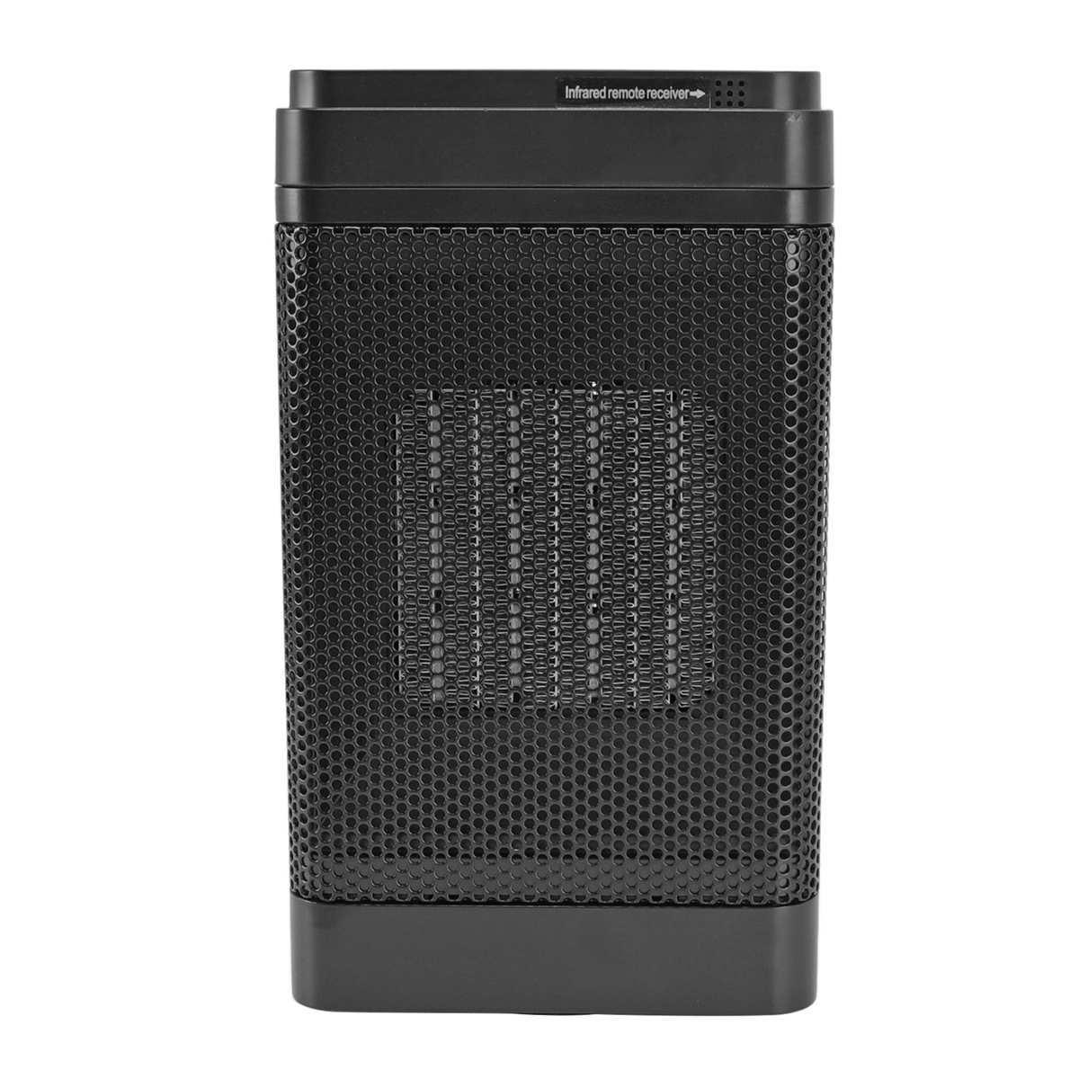 Schwarze elektrische Heizung mit Maschenfront. Infrarot-Fernbedienungsempfänger oben. Seitenansicht.
