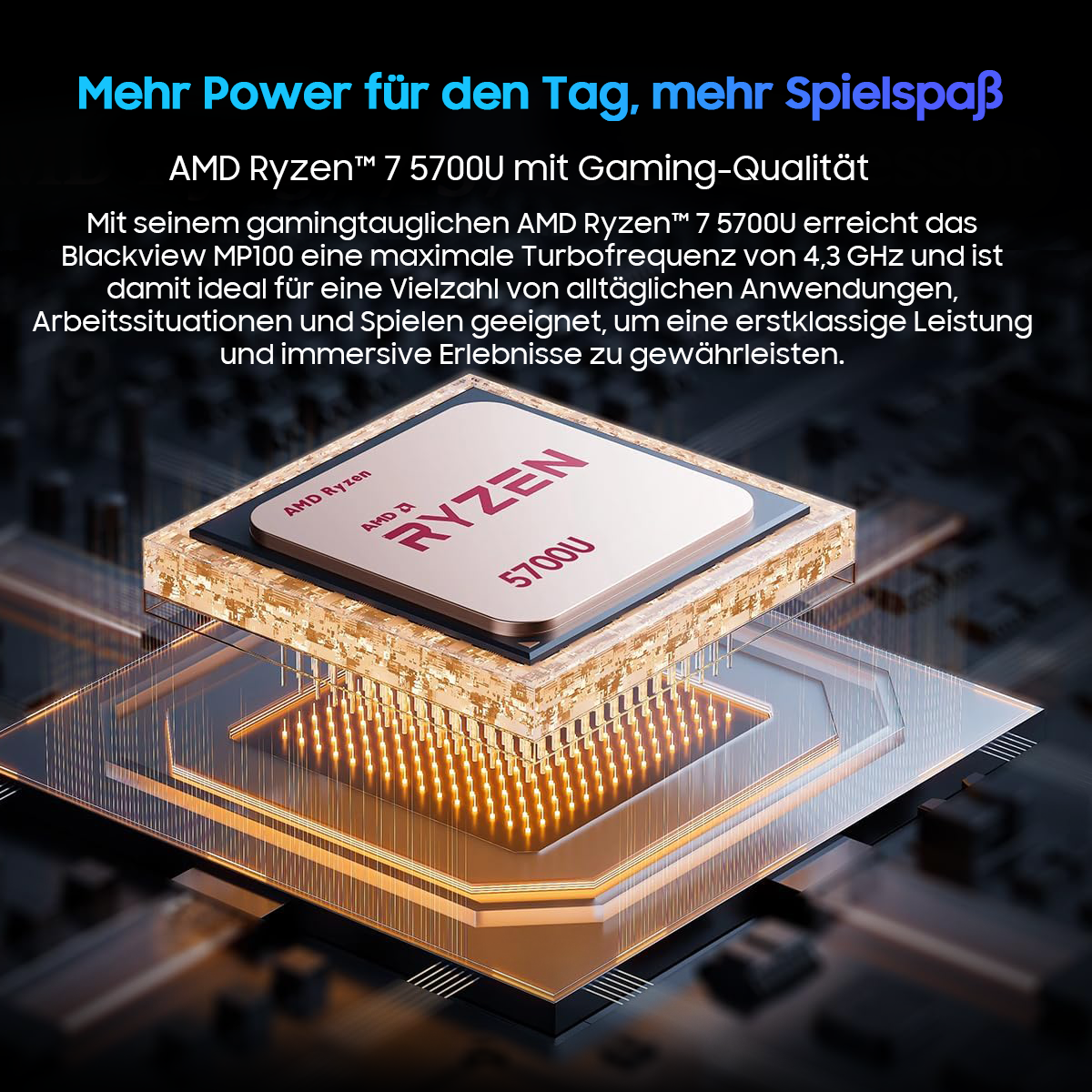 CPU mit Text über Gaming-Qualität, Ryzen 7 5700U, detaillierte, beleuchtete Ansicht.