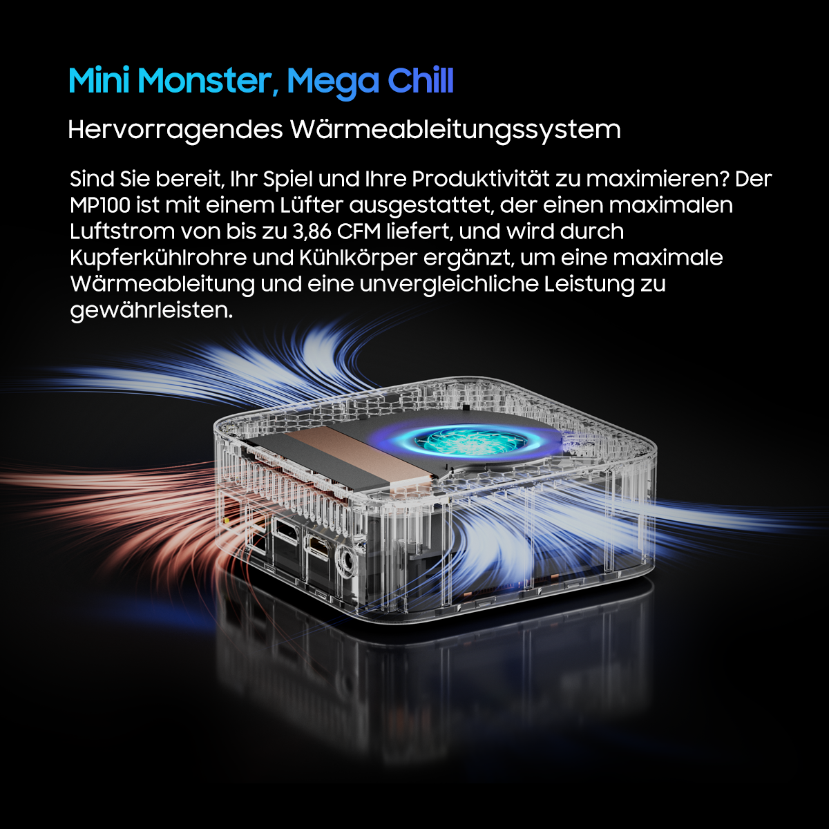Transparenter Mini-Computer mit Innenkomponenten und Luftstrom, mit blauem Licht.
