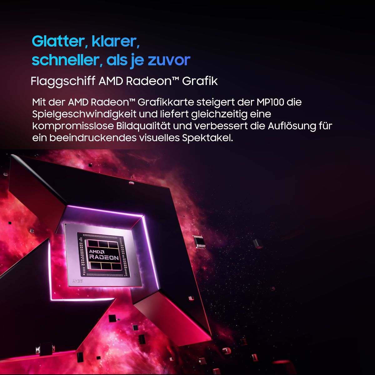 Geometrisch geformte AMD Radeon Grafikkarte, mit Text und abstrakten Design.