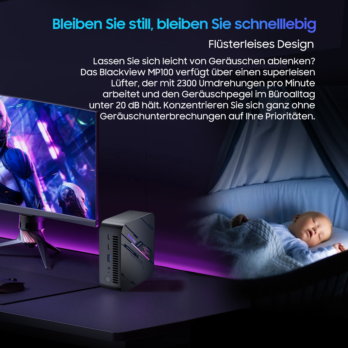 Ein schlafendes Baby in einem Kinderbett neben einem Computer-Setup, mit Text auf Deutsch.
