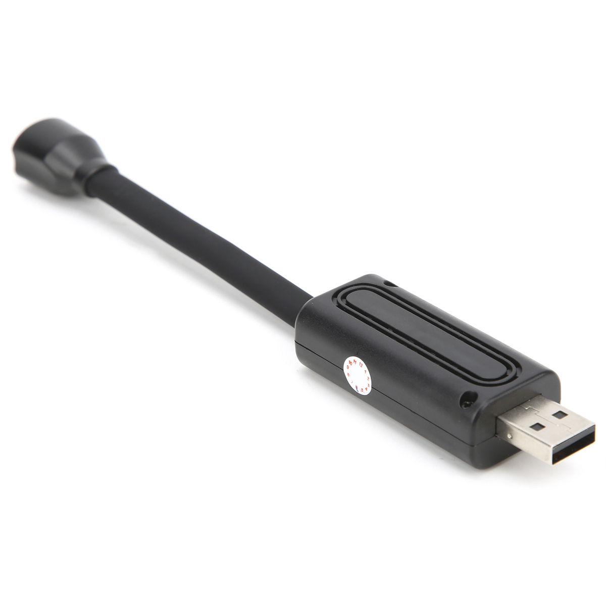 Schwarzes USB-Mikrofon mit flexiblem Arm und USB-Anschluss, weißer Hintergrund.