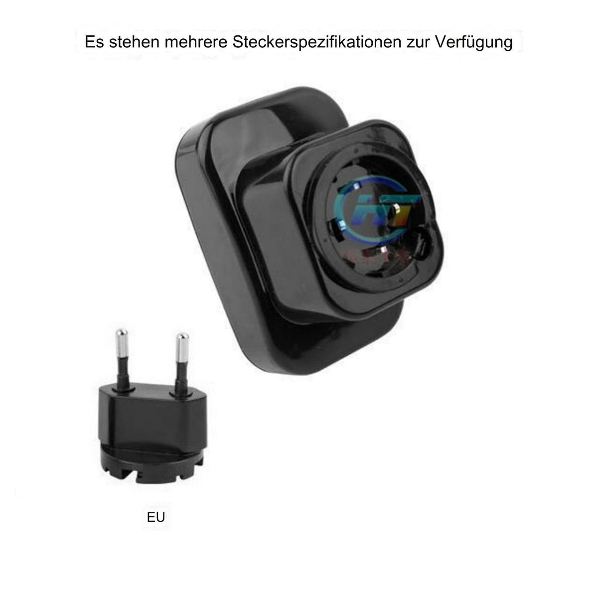 Schwarzer Wandstecker mit Kamera und EU-Stecker.