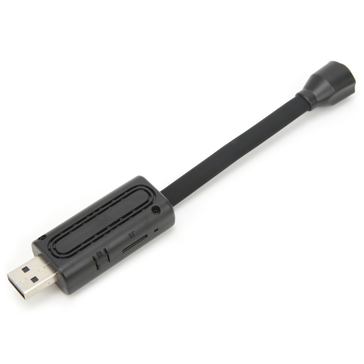 Ein schwarzes USB-Mikrofon mit flexiblem Arm und rechteckigem Gehäuse mit Anschlüssen und Knöpfen.