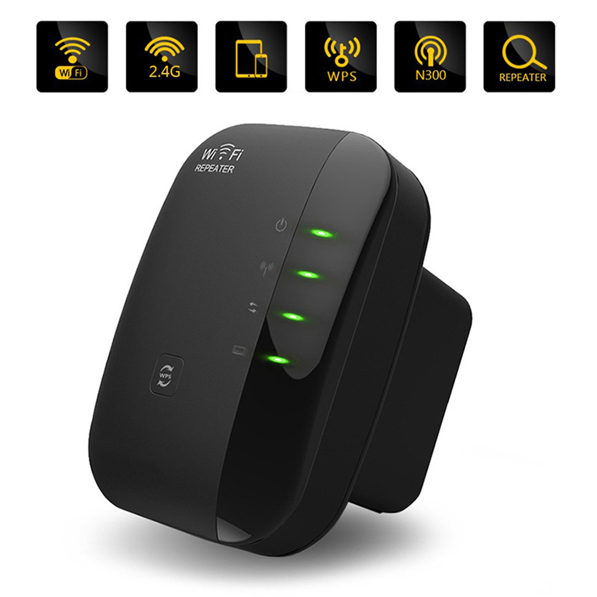 Schwarzer WLAN-Repeater mit grünen Lichtern, Symbole oben.