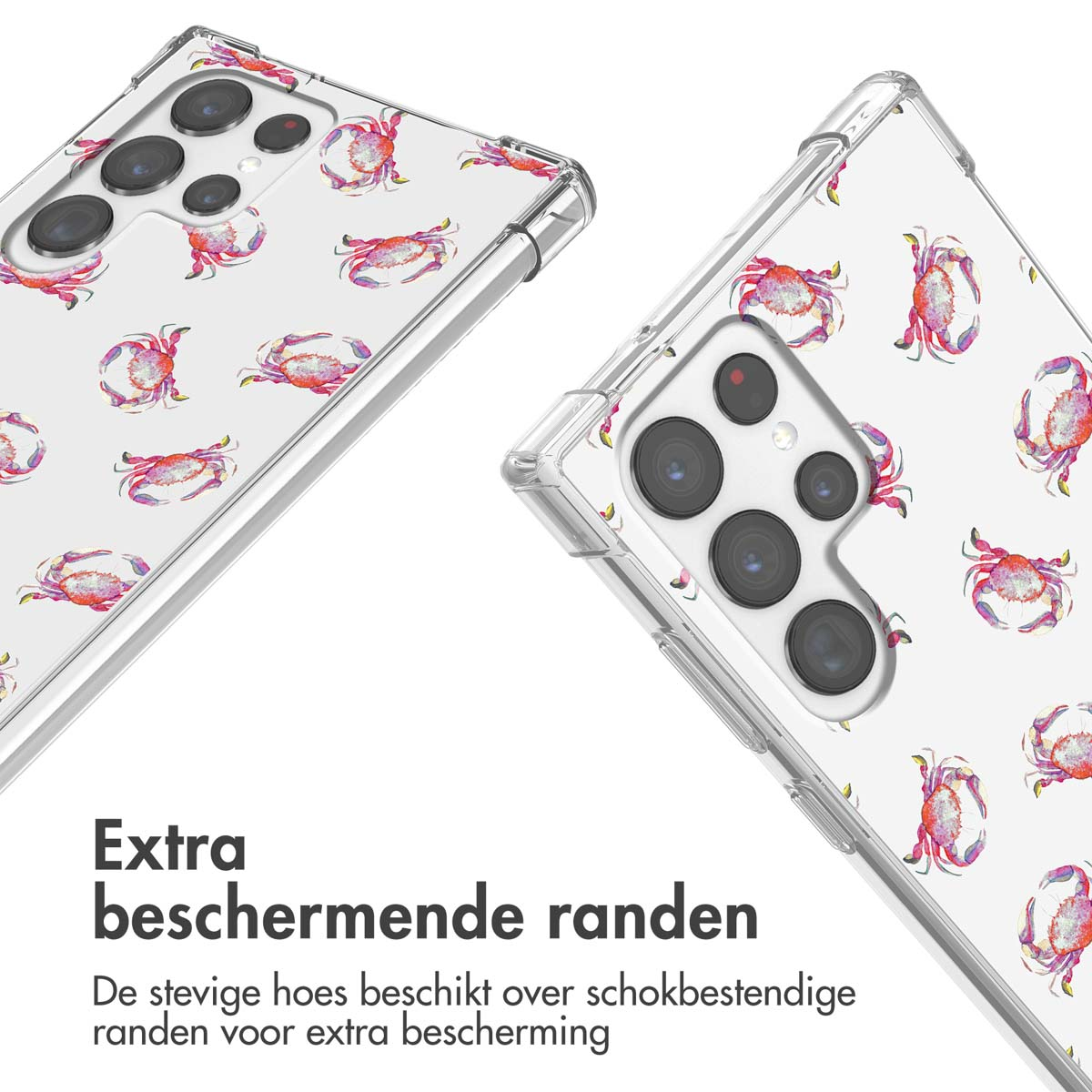 Telefoonhoesje met krabbenpatroon. Tekst: Extra beschermende randen.