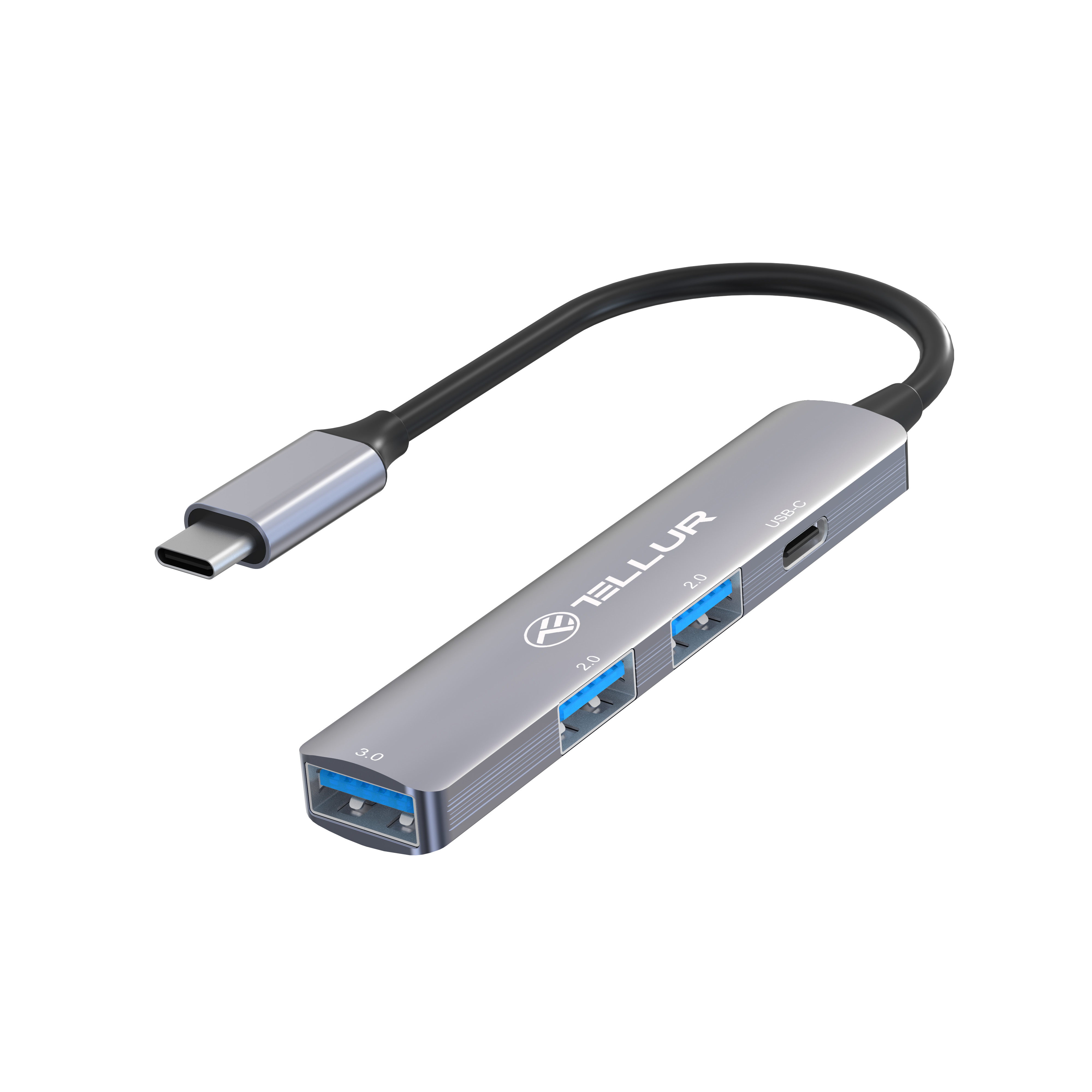 Srebrny hub USB-C z 4 portami USB i czarnym kablem.