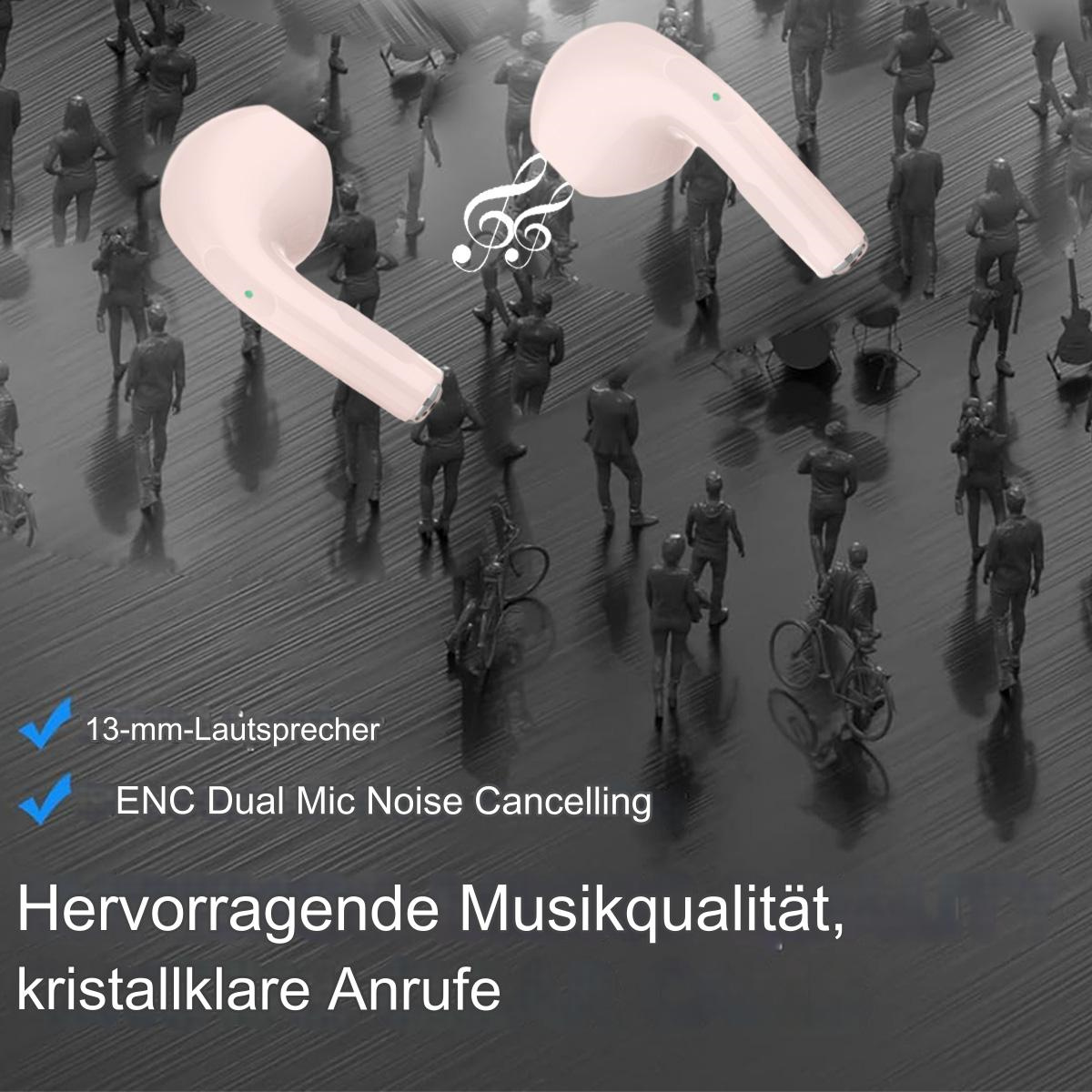 Rosa Ohrhörer, viele Figuren im unscharfen Hintergrund, Noten.